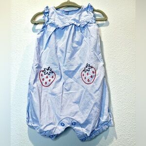 Sweet Strawberry Embroidered Pin Stripe Romper | Ruffles | 6-9mo | EUC | Blue